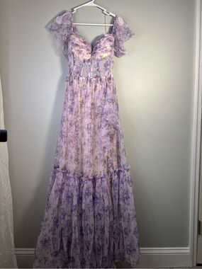 Lavender Floral Formal Dress with Puff Sleeves Womens Large Prom Dress